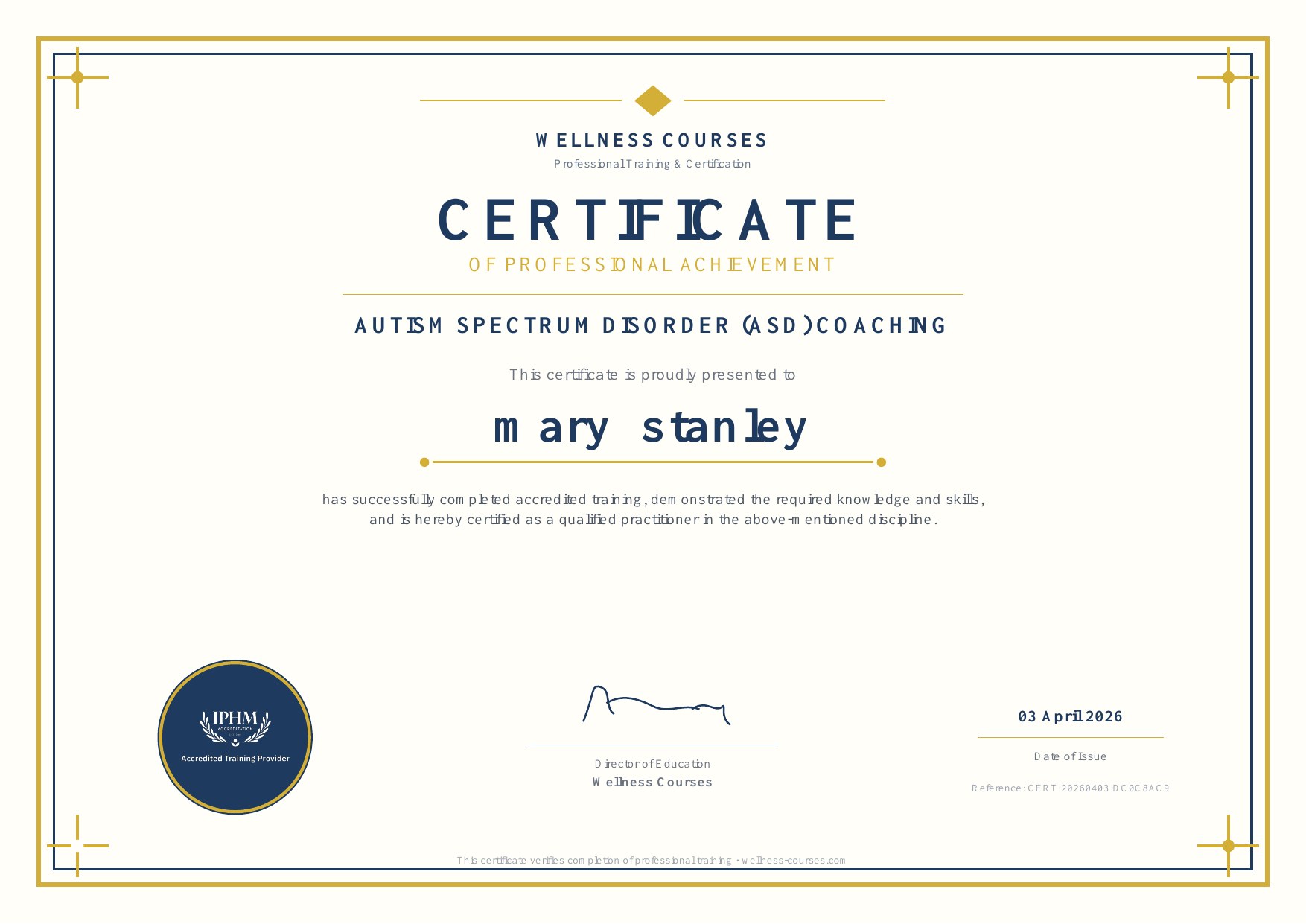 Mary Stanley certificate for Autism Spectrum Disorder coaching from Wellness Courses